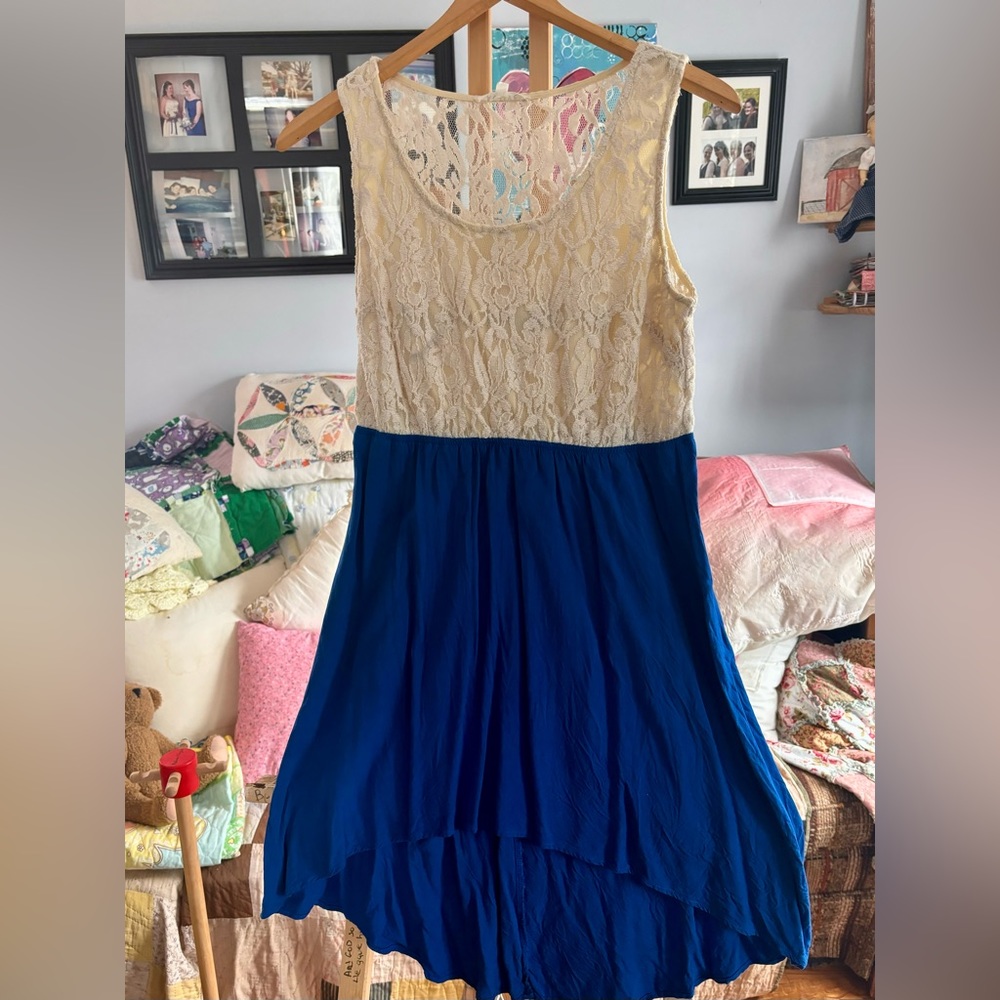 Active ivory lace and blue high low dress. Size Large